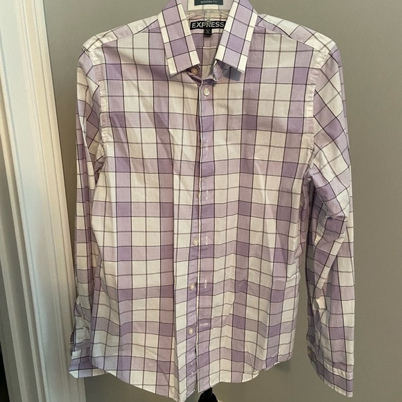 Express men’s size small purple plaid button up- modern fit - Picture 1 of 5
